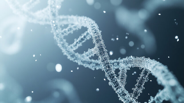 A close up of a DNA strand with a blue background, dna image for education or sci concept 3d rendering. - Powered by Adobe