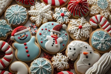A close-up of a variety of beautifully decorated Christmas cookies, including snowflakes, candy canes, and snowmen, featuring detailed frosting and sparkling edible glitter
