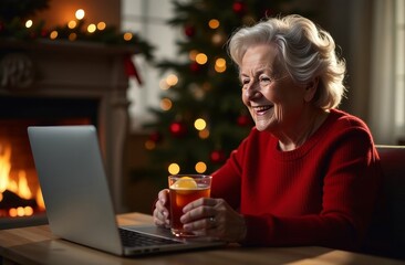 elderly woman with grey hair in red sweater for Christmas talking on video in laptop with relatives, laughing, drinking mulled wine