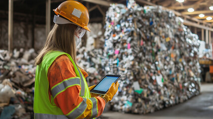 Female worker wearing a hard hat and using a tablet in a recycling facility.
