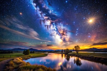 Obraz premium Breathtaking View of a Starry Sky Over a Serene Landscape Under the Milky Way Galaxy's Glow