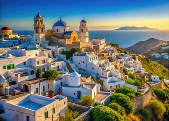 Fototapeta premium Breathtaking view of Pyrgos village with traditional architecture and stunning Aegean Sea backdrop