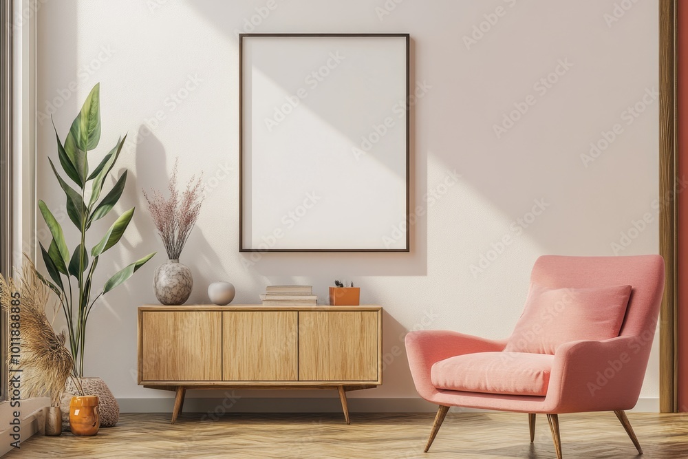 Wall mural Modern Living Room Interior with Empty Poster, Armchair, and Sideboard in Bright White Space