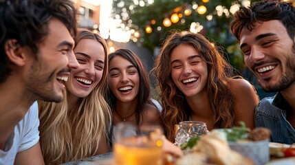 A group of friends sharing laughter and positive vibes over a healthy meal, highlighting the role of social connection in hacking happiness