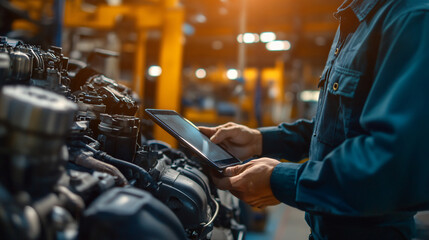 A mechanic with a tablet computer diagnoses the engine of a truck in a garage. Car repair concept in auto repair industry
