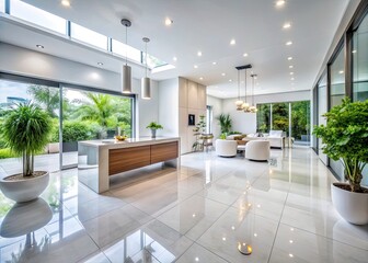 Fototapeta premium Bright and Clean White Tile Floors Creating a Modern and Elegant Interior Design Atmosphere