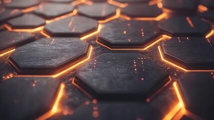 Close-up of a futuristic hexagonal surface glowing with orange light.
