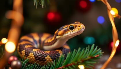 Obraz premium Snake and Christmas tree background.