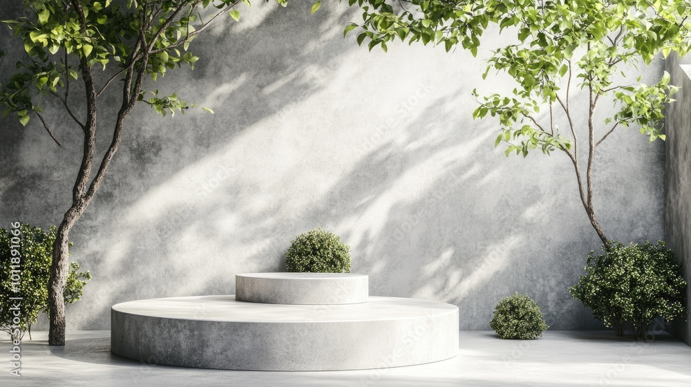 Poster minimalist product display podium with nature elements on concrete background