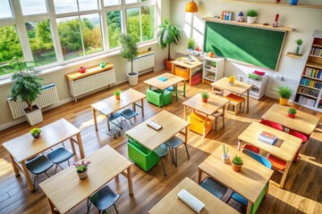 Naklejka premium Bright and Engaging Classroom Setting with Desks, Chalkboard, and Educational Supplies on Display