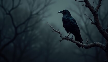 Fototapeta premium Mysterious raven perched on branch in misty dark forest with eerie atmosphere