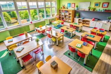 Obraz premium Bright and Engaging Classroom Environment with Desks, Chalkboard, and Educational Supplies for Learning