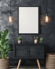 Modern Industrial Interior with Mock up Poster Frame on Black Cabinet