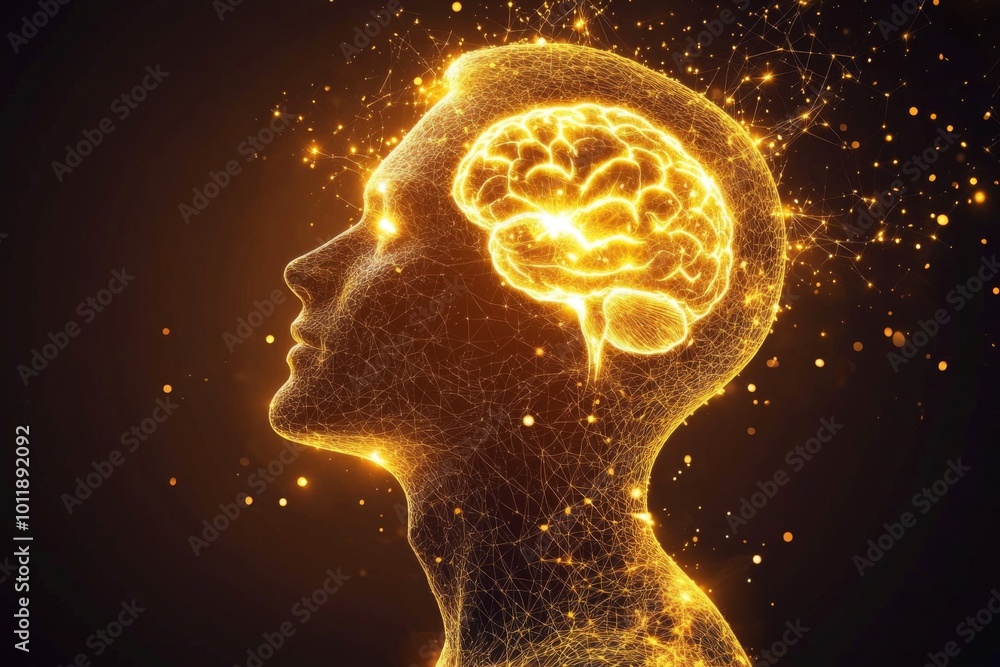 Poster symbolic representation of thought and intelligence in a glowing profile.