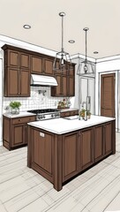 Fototapeta premium sleek kitchen with wooden cabinets, stainless steel appliances, and a central island. hand drawn sketch