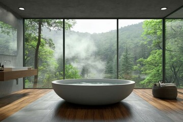 Fototapeta premium A luxurious freestanding bathtub enhances the bathroom's spa-like atmosphere.