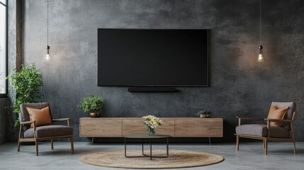 Modern Living Room Interior with Wall-Mounted TV, Armchair, and Plant on Concrete Wall Background