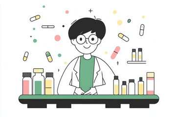 A colorful depiction of a scientist in a laboratory filled with medicine.