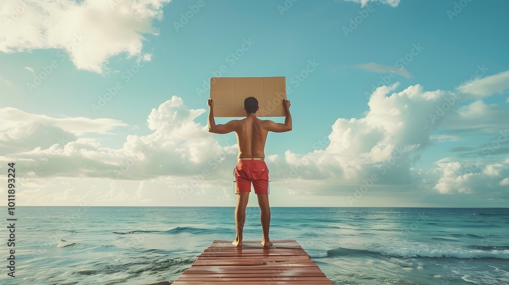 Wall mural lifeguard holding blank cardboard sign on ocean horizon tower