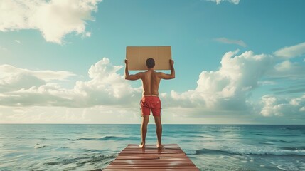 Lifeguard Holding Blank Cardboard Sign on Ocean Horizon Tower