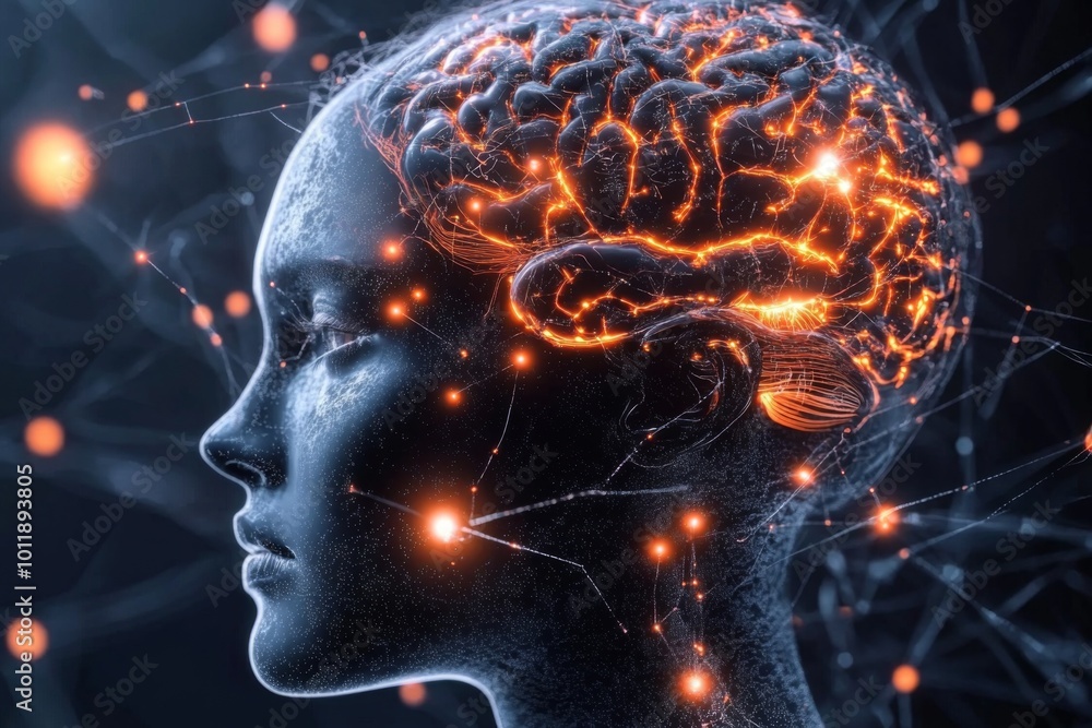 Poster digital representation of a human face illustrating mirror neuron activity.