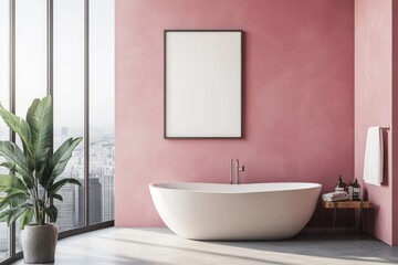 Modern Bathroom Interior with Bathtub and Panoramic Window. Stylish Poster Frame Mockup