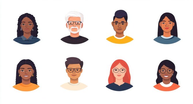 a set of simple flat portraits, showing different skin tones and hair colors, male female people from various ethnicities dressed in casual with plain background Generative AI