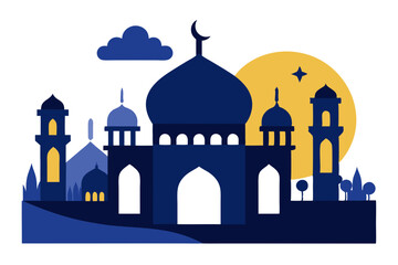 Beautiful Eid Celebration Scene Featuring Mosque Silhouette in Vector Style
