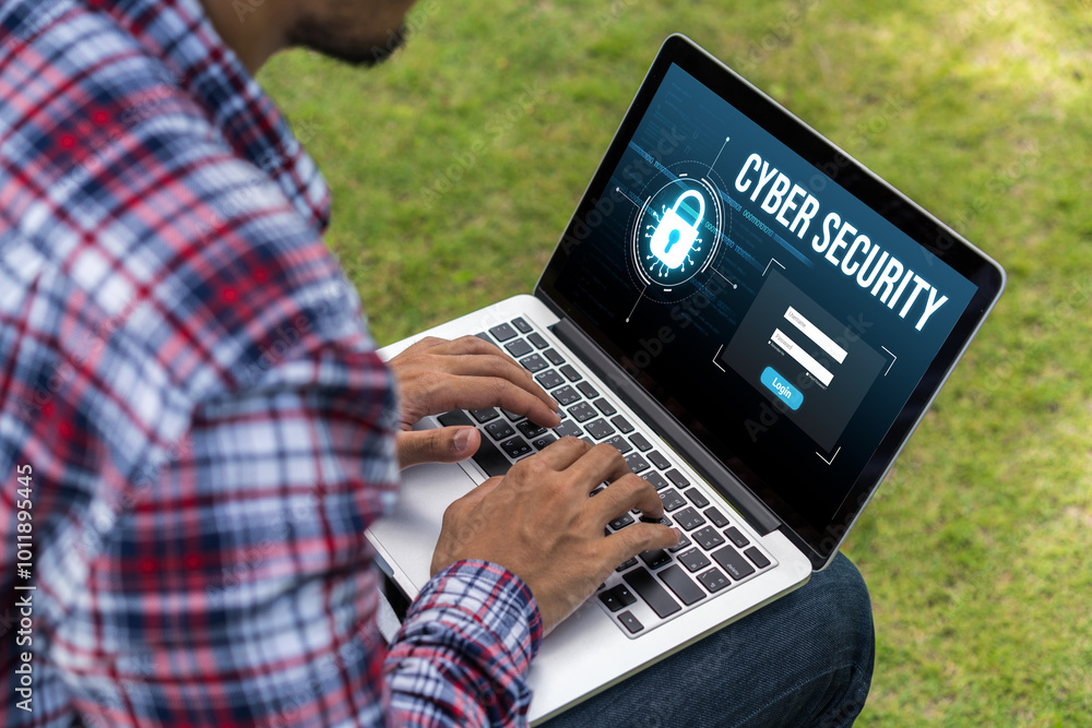 Poster cyber security system on computer screen protect private information snugly from hacker and cyber at