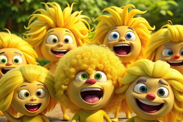 Fototapeta premium Bright Yellow Haired Cartoon Characters Expressing Emotions in Various Fun and Playful Situations