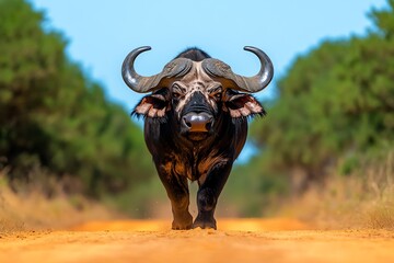 A hyper-detailed view of a Cape buffalo staring directly into the camera, with every hair, horn, and muscle rendered in lifelike clarity, showcasing the sheer power and presence of this animal