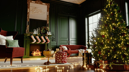 Christmas eve cozy mood in classic decorated living room with fire burning in fireplace, christmas tree, candles and gifts. Family waiting for rest. December holidays, winter, warm indoor. Snow falls.