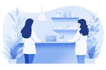 Minimalist illustration of two female pharmacists standing behind a counter in a pharmacy, surrounded by plants and shelves with medication.