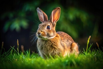 Brown rabbit hunched down on green grass with soft fur and alert ears in a serene outdoor setting
