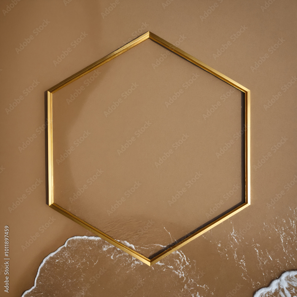 Poster mesmerizing aerial view of a beach with a golden hexagon casting a shadow on the sand. the waves gen