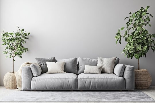 Modern Living Room Interior Design with Neutral Grey Sofa and Wall Mockup