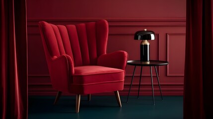 Red Velvet Armchair with Gold Accent Lamp and Side Table in a Red Room