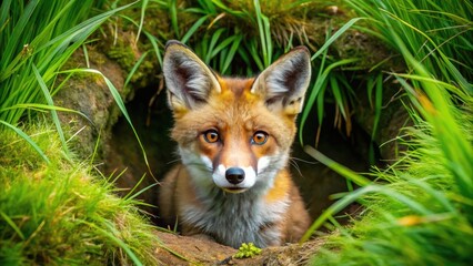 Fototapeta premium Burrow of a Wild Fox Hidden in the Ground Surrounded by Lush Green Grass and Nature's Beauty