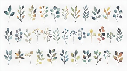 Watercolor Botanical Illustration Set   Hand Painted Greenery  Leaves  Branches  Floral De