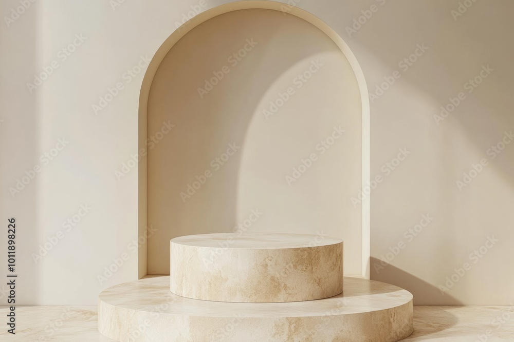 Poster modern pedestal display for product showcase in abstract marble composition