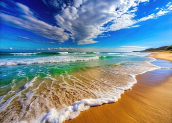Calm Ocean Waves Gently Lapping on a Sandy Beach Under a Clear Blue Sky on a Sunny Day