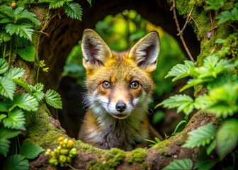 Camouflaged Fox in Military-Style Hole Surrounded by Natural Vegetation in a Peaceful Forest Scene