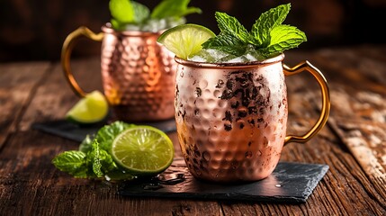 Copper mugs filled with minty cocktail on a wooden table