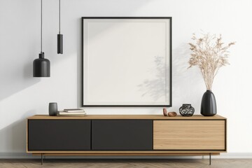 Minimalist Living Room Interior Showcase: Empty Frame Display on White Wall Shelf