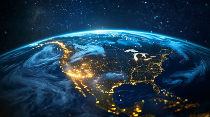 glowing earth from space north america at night with city lights and celestial digital illustration