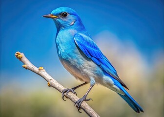Obraz premium A brilliant Mountain Bluebird sits on a branch, contrasting beautifully against the clear blue sky, embodying the vibrancy and splendor of its natural habitat.