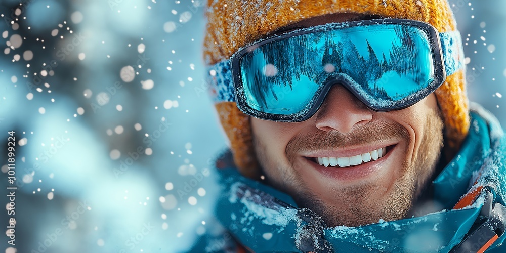 Poster man wearing a red jacket and goggles is smiling. he has a beard and is wearing a red hat. happy man 
