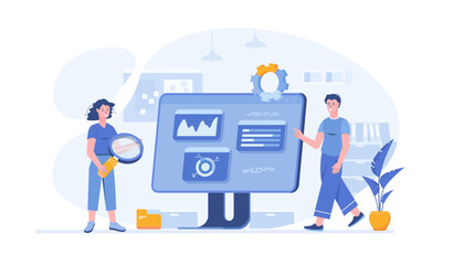 People analyze data. Analysts research business statistics on charts. Business process. Vector illustration with characters in flat design for web banner.