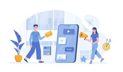 Marketers working on content strategy. Digital Marketing. Management, analysis, development. Vector illustration with characters in flat design for web banner.