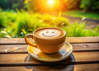 Obraz premium A cheerful coffee cup adorned with smiley face foam art rests on a wooden table, basking in the warm glow of bright morning light.